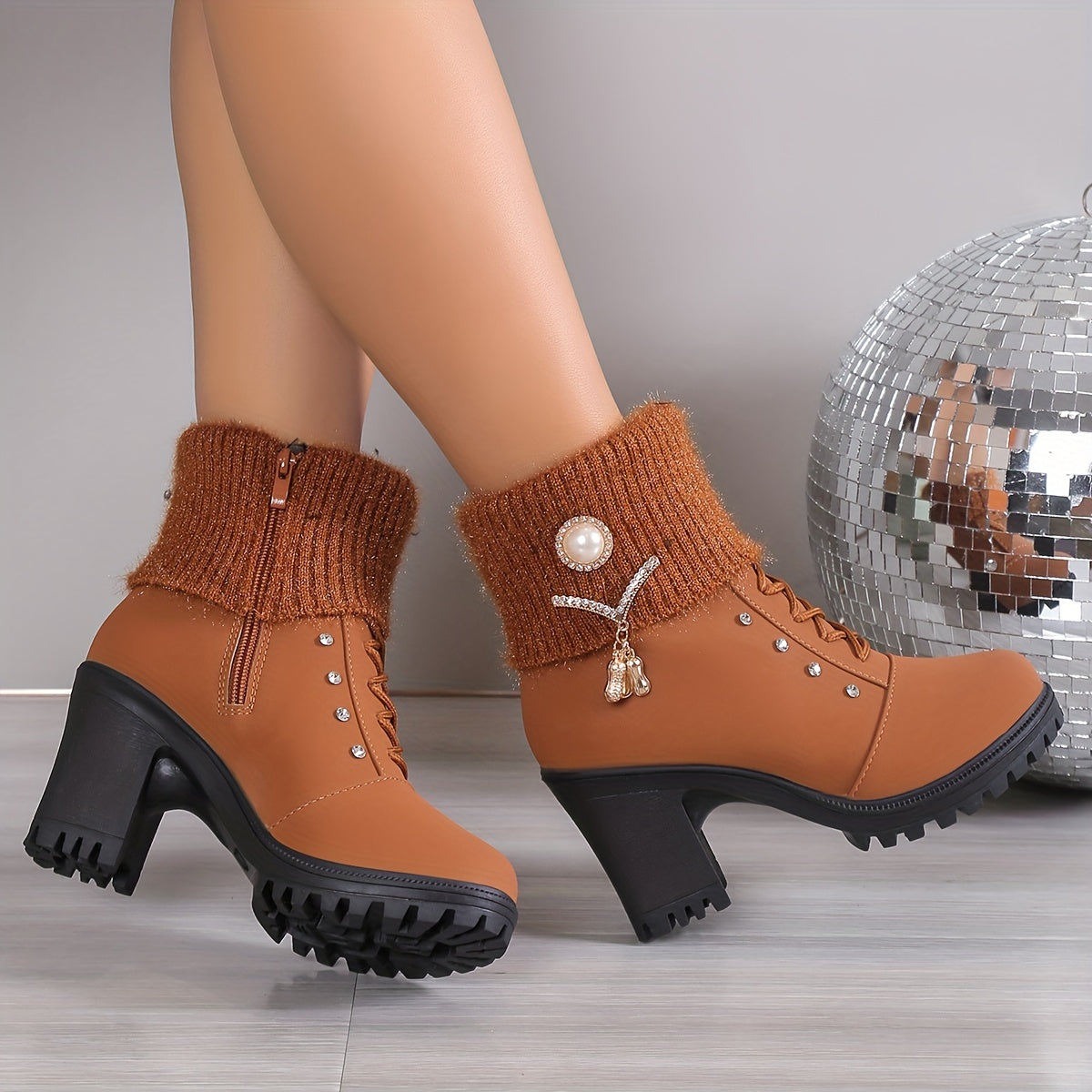 Women's Block Heeled Ankle Boots - Faux Pearl Decor Knit Stitching Booties - Fashion Winter Zipper High Heeled Boots - For Women - Suitable for Parties & Casual Wear - Perfect Gift for Fashionistas